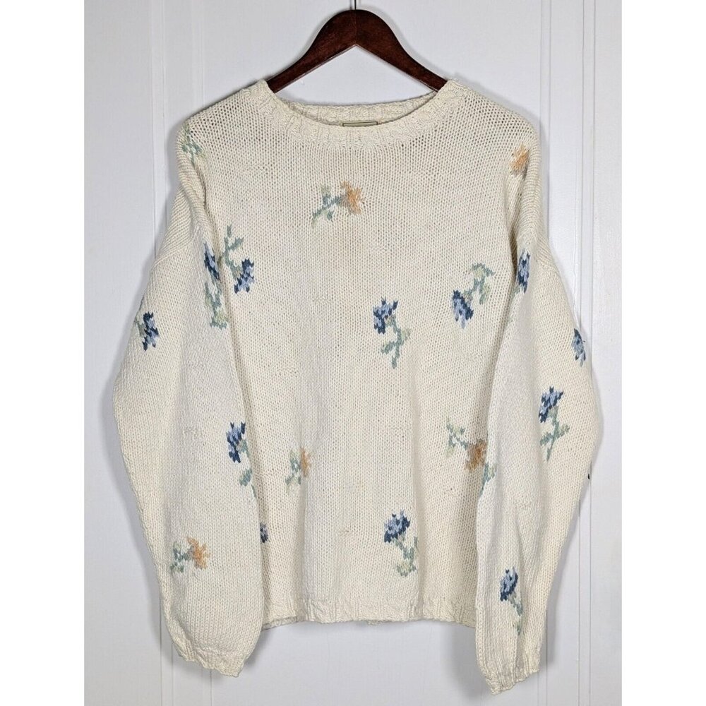 Vintage LL BEAN Women's XL Chunky Knit Floral Sweater Cottagecore 90s Flowers - Picture 1 of 3